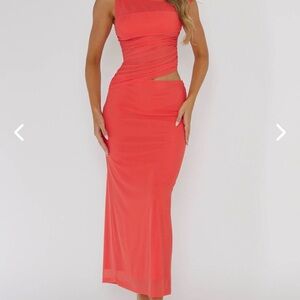 Selfie Leslie Lorely Ruched Bodice Twist Strap Midi Dress Watermelon